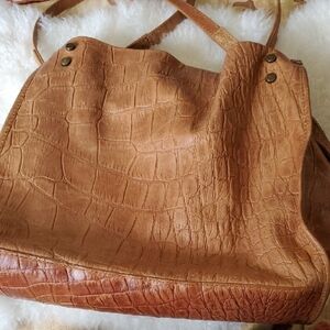 American Made Lennox Triple Tan Leather Shoulder Bag with Crocodile Embossing